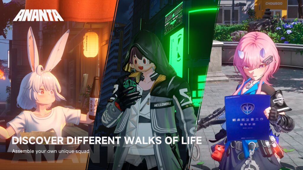 Ananta character roster reveal art from the TGS 2025 trailer, captioned 'Discover Different Walks of Life — Assemble your own unique squad'