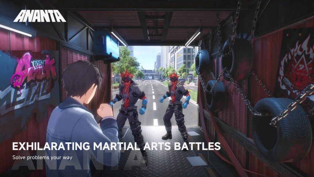 Ananta environmental combat gameplay screenshot from the TGS 2025 trailer, captioned 'Exhilarating Martial Arts Battles'