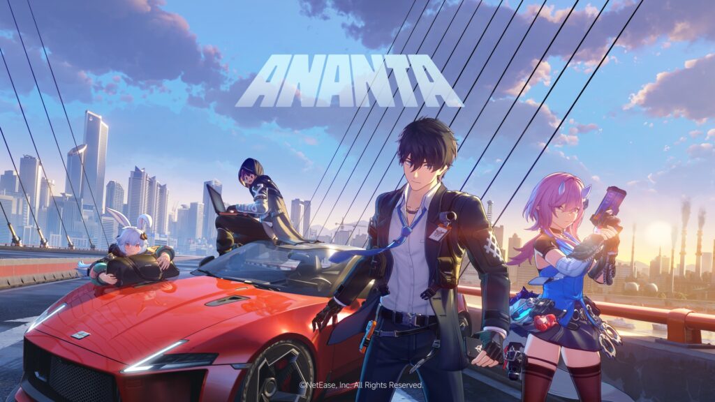 Official Ananta key art showing three Agents of the A.C.D. on a bridge with the Nova City skyline behind them