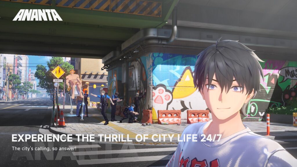 Ananta Tokyo Game Show 2025 gameplay trailer still, captioned 'Experience the Thrill of City Life 24/7'